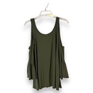 Cable & Gauge Top Women's Large Cold Shoulder 3/4 Bell Sleeve Blouse Olive Green